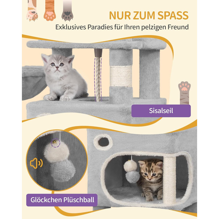 Драбина-кіготь Hzuaneri для котів, 159 см, 8 стовпчиків, 3 платформи, 2 хованки, кошик, плюшеві кульки, мотузка з сизалю, підходить для котів різних розмірів, сірий MS15918LG L (50 x 40 x 159 см)