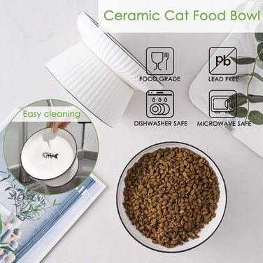 Керамічна миска для котів великого розміру, 18 см. Підвищена миска для здорового харчування без стресу, біла. Миска для котів та маленьких собак, анти-блювотний наповнювач, нековзна, 425 мл