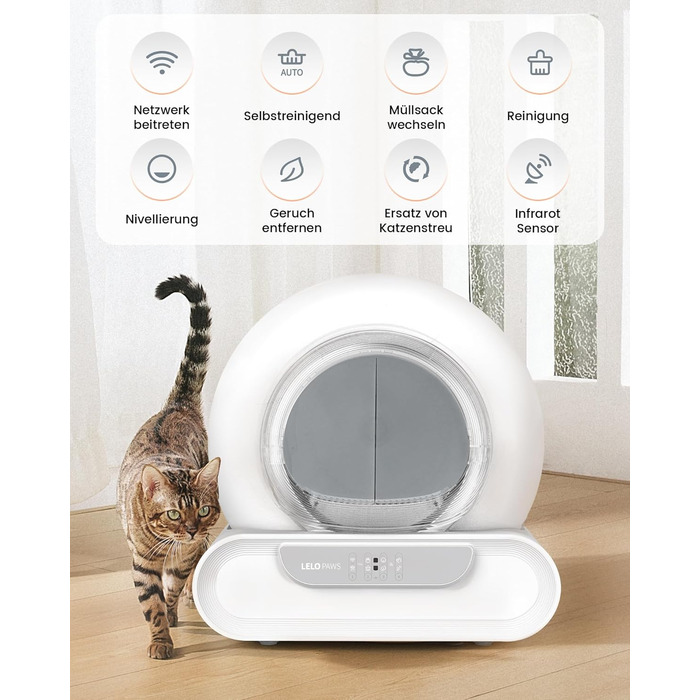 Автоматичний лоток для котів LELO PAWS, 65л, самоочищення, з контролем запаху, керування через APP, електричний, XXL, для кількох котів, білий