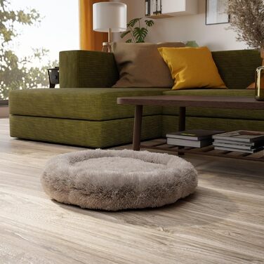 Кругле ліжко для собак Benno® BALU 70x70x16 см, кавовий колір, м'яке ліжко з поліестеру, з поліпропіленовою начинкою, миється, з неслизьким дном, з іграшкою-кісткою