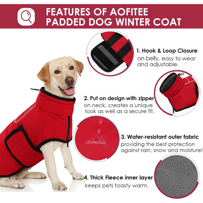Зимовий одяг для собак AOFITEE, тепла куртка для маленьких собак з інтегрованим шлейкою, водонепроникна флісова куртка з коміром-стійкою для Йоркширських тер'єрів, Вест Хайленд вайт тер'єрів (L, Червоний)