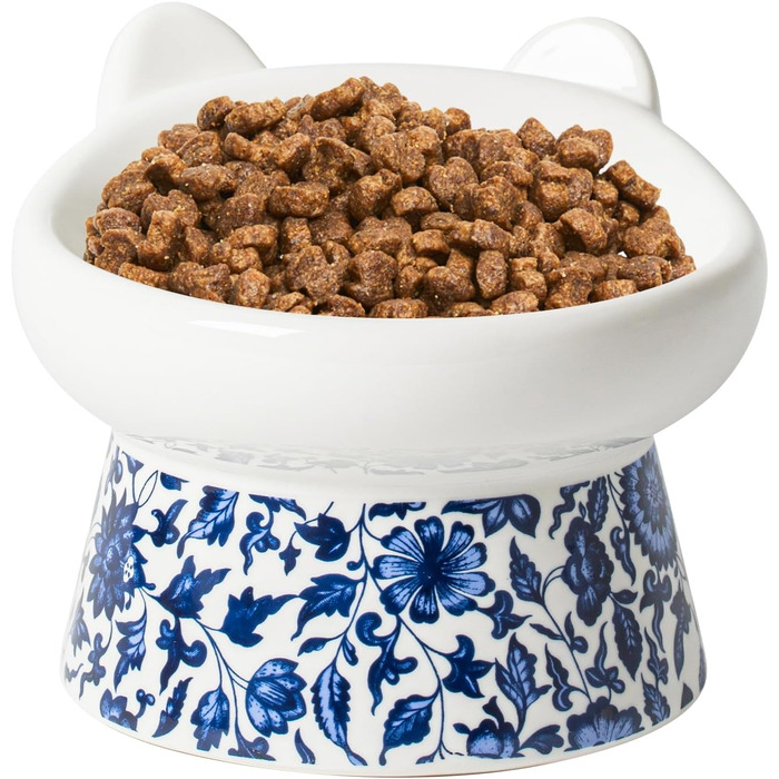 Котло propositions, Підвищена годівниця для котів TIGOADT, керамічна, широка, нахилена, проти блювоти, для кошенят та дорослих котів (блакитно-білий візерунок)