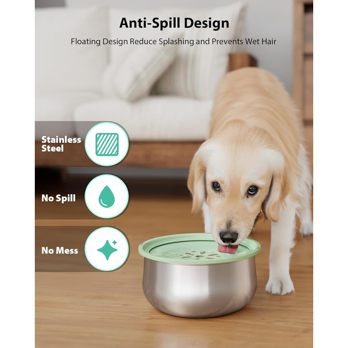 Миска для води для собак Stouchi, не розливається, нержавіюча сталь, велика місткість, повільний диспенсер води, антиковзаюча, для подорожей, зелений колір