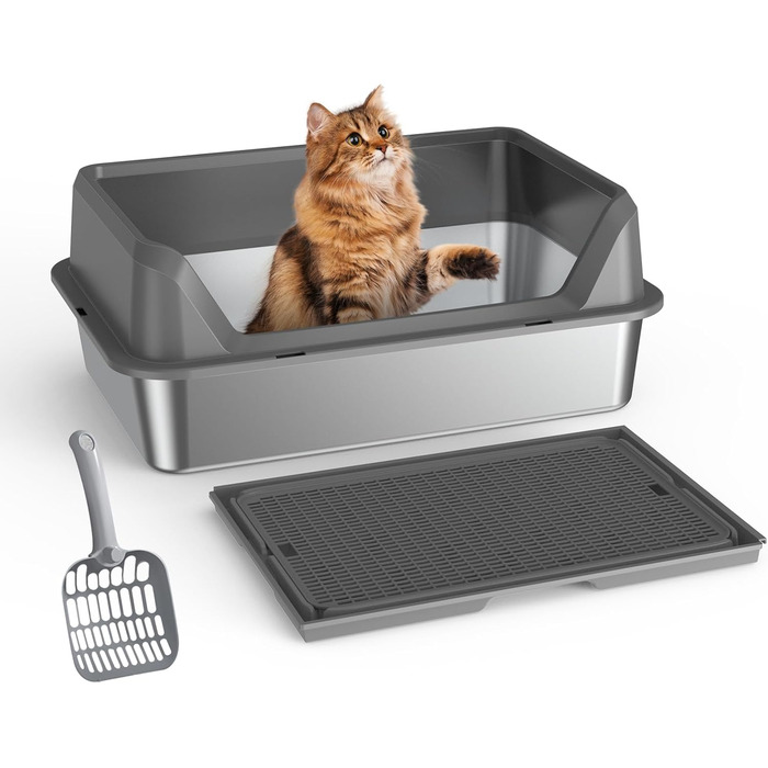 Котлочистка Euakee з нержавіючої сталі з кришкою, XL велика для великих котів, з високими бортиками, лотком та педаллю, антипригарна, вологостійка, легко миється