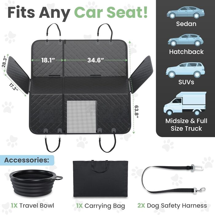 Захисний чохол на сидіння автомобіля для собак, 63.8 x 52.7 см, з ременями безпеки та мискою