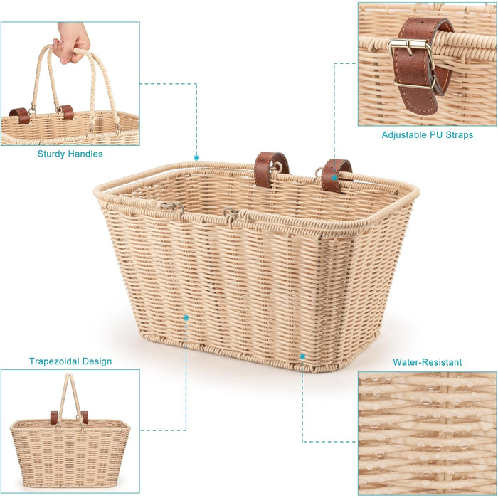 Фарбований велосипедний кошик CXWXC – міцний передній кошик з ручної плетіння з лози з регульованими ремінцями з веганської шкіри, бежевий