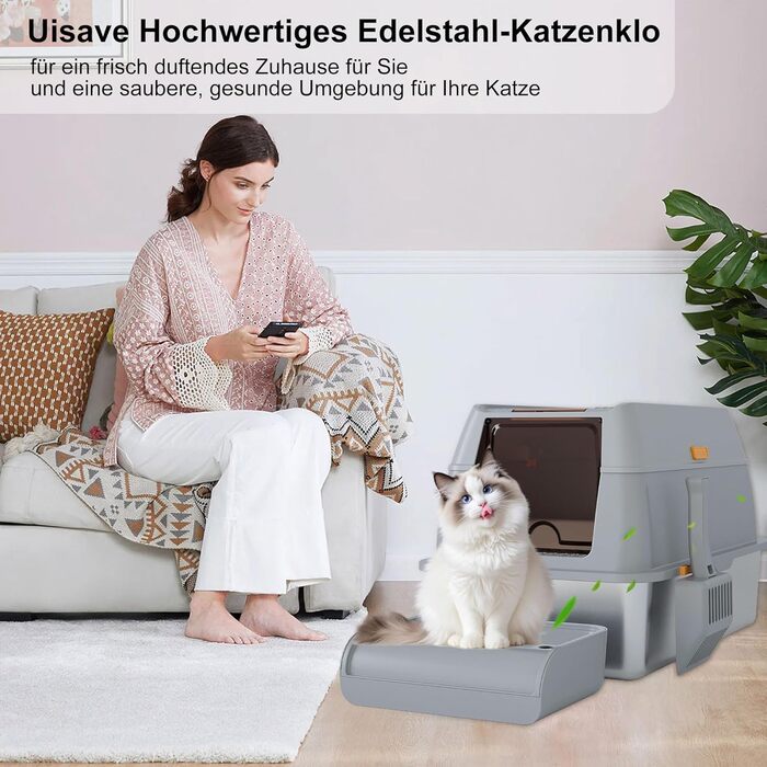 Uisave XXL котячий туалет із нержавіючої сталі з повним закриттям, активованим вугільним фільтром та ABS-кришкою, без запаху, легке очищення, з килимком і лопаткою, 60 л, сірий
