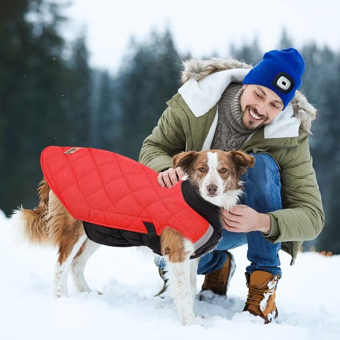 Водонепроникний нашийник для собак PETCUTE, зимова куртка для собак, захист від вітру, одяг для собак середнього та великого розміру, нашийник з безпечними світловідбиваючими смугами, дощовик для собак з отвором для шлейки (3XL, Червоний+Чорний)