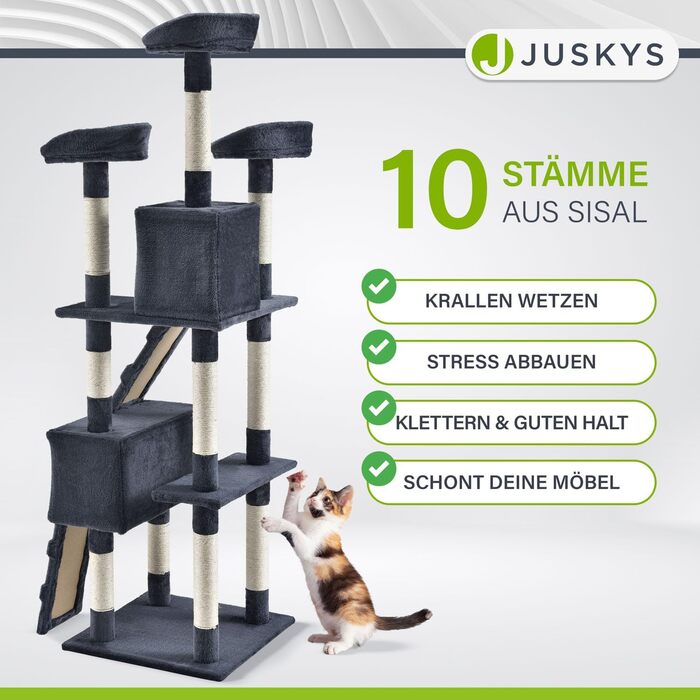 Котячий дряпак Juskys XXL Amy 170 см, з лежаками, будиночками, драбинами та сизалевими стовпчиками, сірий