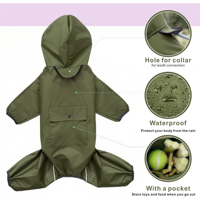 Водонепроникний дощовик для собак Idepet: тепла куртка з капюшоном для малих та середніх собак, зелений, 4XL