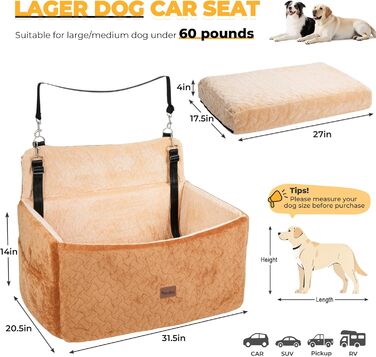 Автокрісло для собак великих та середніх порід до 27,2 кг - З піднятою передньою частиною 35,6 см, подушка з Memory Foam, знімний, миючий чохол, коричневе