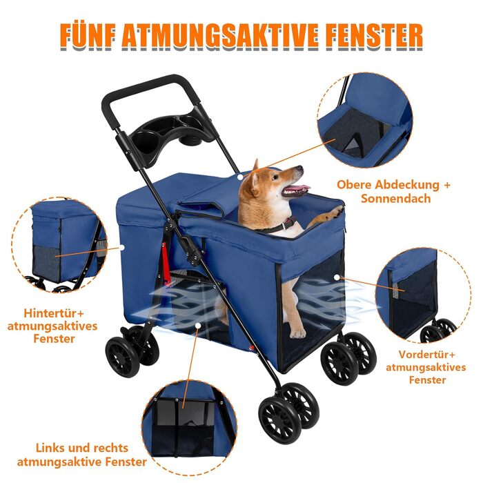Візок для собак Homewell, візок-качалка для котів/маленьких собак, візок-качалка для дітей, візок-качалка для домашніх тварин з 2 вікнами на блискавці, тримач для напоїв, до 20 кг (Блакитний)