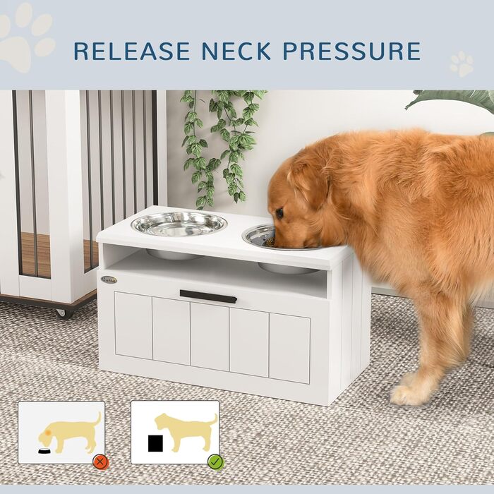 Станція для годування собак PawHut з піднятою мискою, повільною годівницею та 2 мисками з нержавіючої сталі, ящик для зберігання 25л, для великих та екстра-великих собак, білий колір