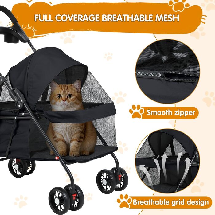 Візок для тварин для маленьких собак і котів, складаний, 4 колеса, легкий, з дихаючим мережем та тримачем для напоїв, чорний