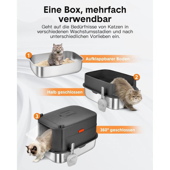 Котячий туалет з нержавіючої сталі Papettly XXL з кришкою, 30 л, знімний високий бортик, килимок для наповнювача, легке очищення, 58x42x40 см