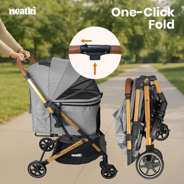 Складаний візок для домашніх тварин для собак та котів, сірий, 70x50x103 см, вантажопідйомність 15 кг, поворотні передні колеса на 360°, складання в один клік, гальмо, страхувальні кліпси, знімне м'яке сидіння