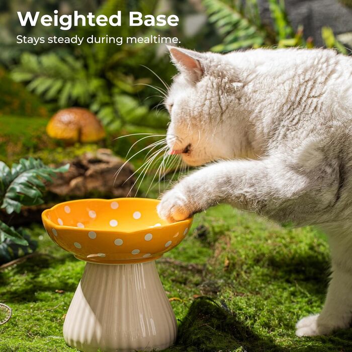 Підвищений годівниця для котів, керамічна миска у формі гриба, широка та плоска миска для котів на підставці, миска для котів, що запобігає блювоті, миска для кошенят та літніх котів (жовта)