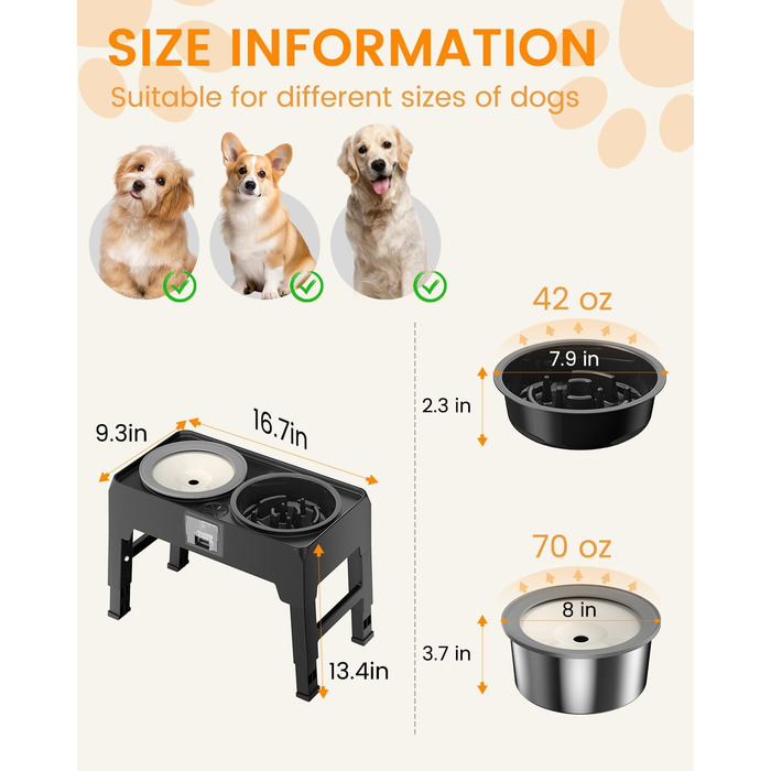 Підвищені годівниці для собак з нержавіючої сталі, без розбризкування, з підставкою, регульована висота, для маленьких, середніх та великих собак та котів