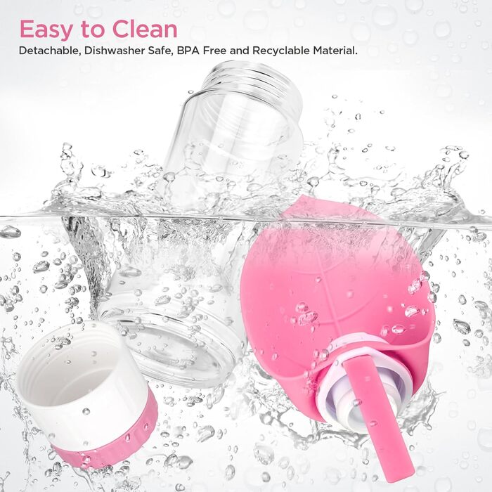 Водяна пляшка для собак Uppetly з контейнером для корму та дозатором води, витокозахисна, BPA-free, портативна, складана, для прогулянок, рожева