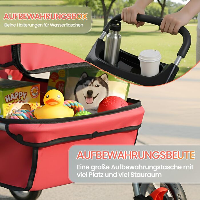 Візок для собак FDW, складний, для котів та собак з обертовими колесами на 360°, з кошиком для зберігання, подушкою та сітчастими віконцями, тримачем для напоїв, до 15 кг, червоний