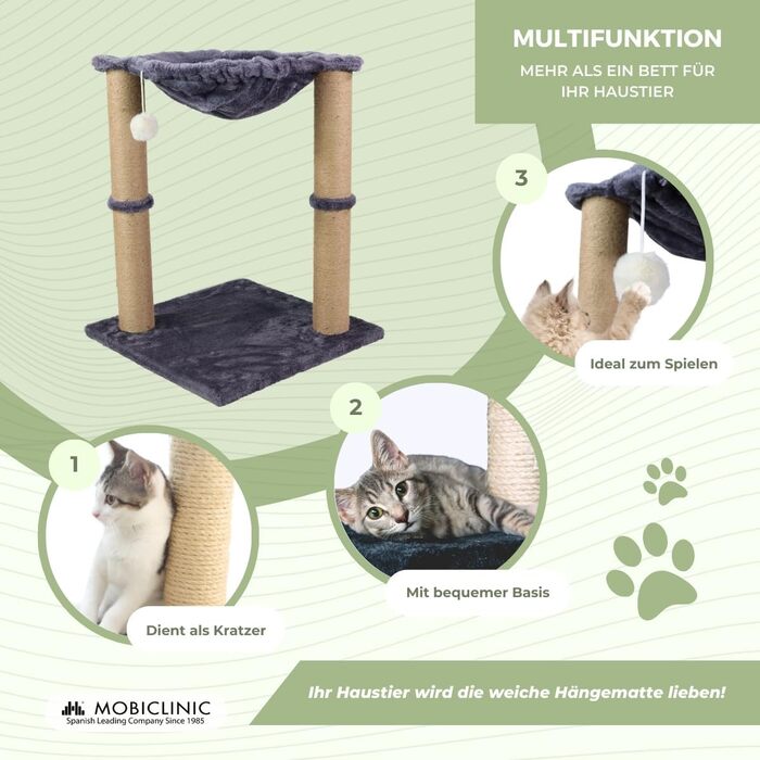 Дряпка для котів Mobiclinic Pets Milo 2-в-1, гамак, сірий, 40x40x50 см, міцна, переносна, до 10 кг, з іграшкою, європейський бренд, легка у догляді