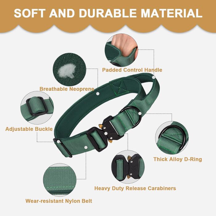 Тактичне обплетене нашийник для собак Vivi Bear, нейлон, контрольний захват, великі породи, зелений (L)