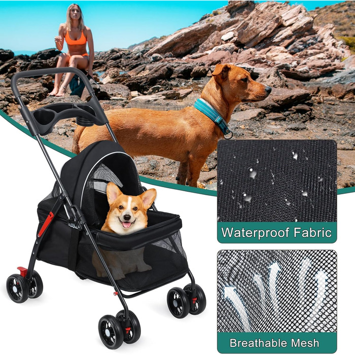 Дитяча коляска для тварин Cukoekim: для собак та котів, з балдахіном та подвійними гальмами