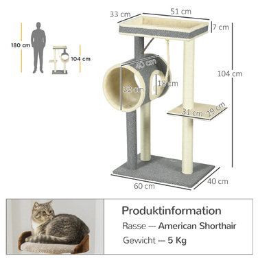 PawHut Cat Tree 104 см Cat Tree з котячою печерою, Кігтеточка для кішок з ігровим м'ячем, Cat Tree з 2 лежачими поверхнями, Лазіння по дереву для кішок до 5 кг, Меблі для кішок, Сизаль, Сірий | Аосом