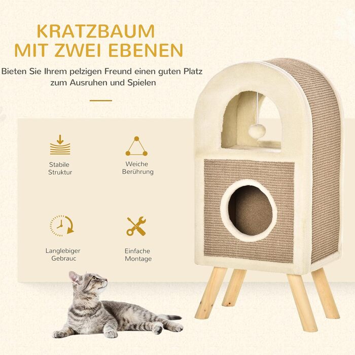 Котячий комплекс PawHut: багаторівневий будиночок-лежанка з когтеточкою, іграшками, килимком, плита, плюш, сизаль, кава, 40x34x91 см