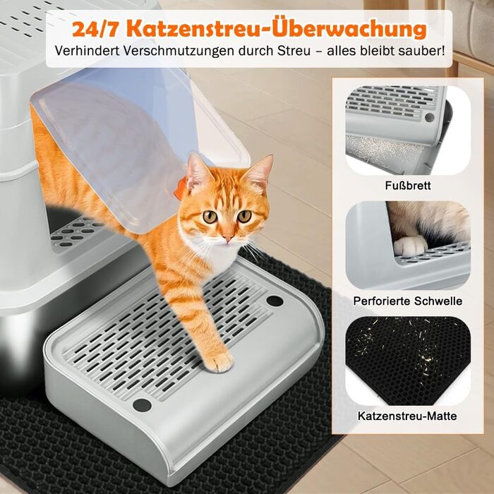 Котловий туалет SZEETECH для котів, великий XXL, нержавіюча сталь з кришкою, з лопаткою, килимком та підставкою, сірий