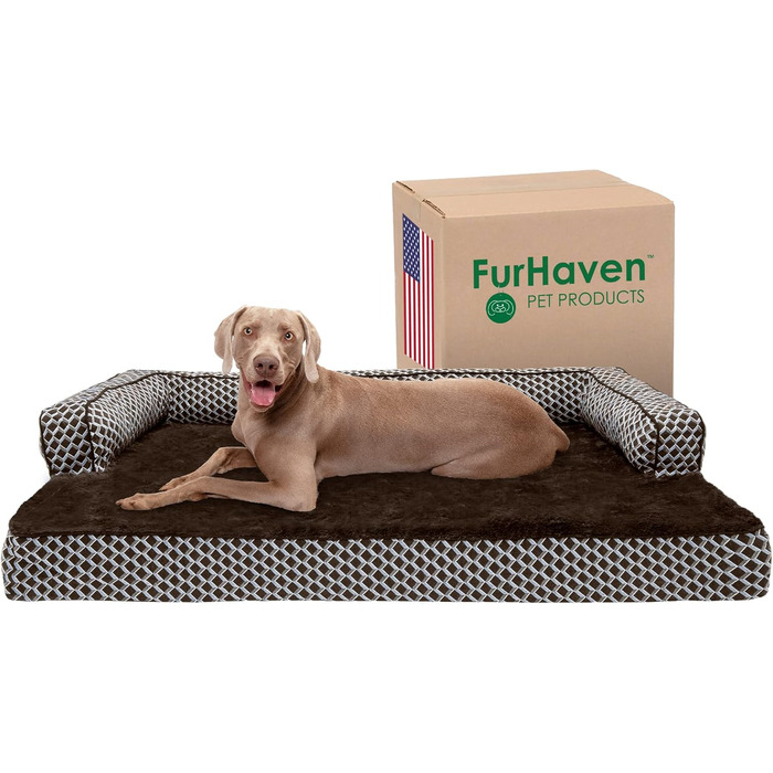 Ліжко для собак Furhaven XXL з ортопедичною пам’ятною піною, диван-подушка, плюшева, знімний і праний чохол, коричневе, Джамбо Плюс