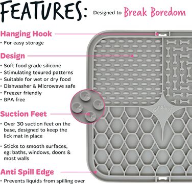 Килимок для лизання для собак та котів Bugalugs, 20 см, сірий, харчовий BPA-free