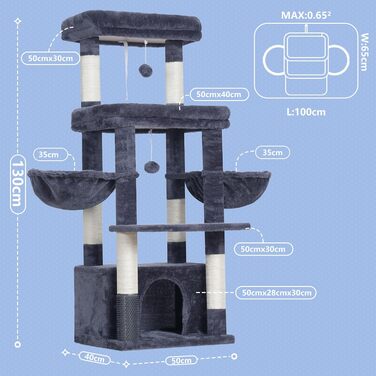 Котячий будиночок Hey-brother Kratzbaum для великих котів та Мейн-кунів, багатоярусний, стабільний, з 2 платформами, 2 котячими будиночками, великою печерею та щіткою, EMPJ070W (димно-сірий)