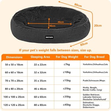 Кругле ліжко для собак середніх порід, котяче ліжко, м'яке, зручне, корзина для собак, донат, ліжко для собак, знімний, антиковзаючий, Ø 80 см, темно-сірий, розмір 80 x 80 x 20 см