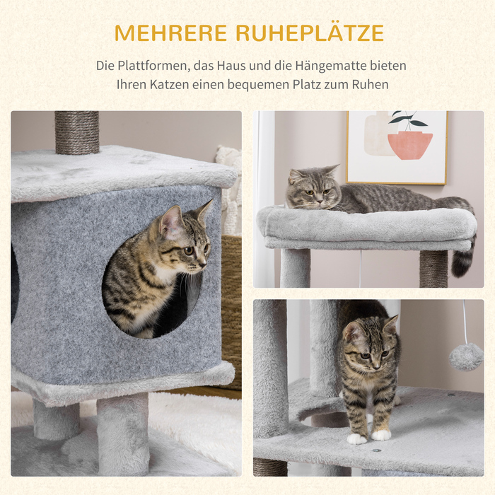 PawHut Cat Tree 142 см Котяче дерево з печерами та платформами, Сизалева колона, іграшка, захист від нахилу, сірий для активних котів
