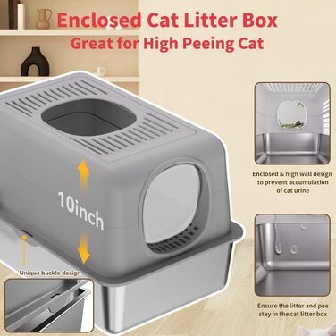 Лотку для котів з нержавіючої сталі з кришкою, великий, для великих котів, з совоком та килимком сірого кольору