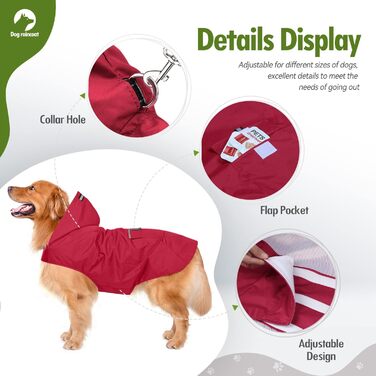 Водонепроникний дощовик для собак Zellar з капюшоном та отвором для нашийника, з безпечними світловідбиваючими смугами, ультралегкий, дихаючий, 100% водонепроникний, червоний, 5XL