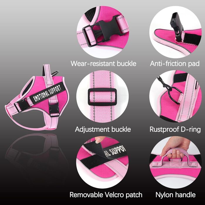 Шлейка для собак Voopet для емоційної підтримки, професійний сервіс, для малих, середніх та великих собак, світловідбиваюча, дихаюча та регульована, запобігає тязі/нудоті, ESA XXS (рожево-рожевий)