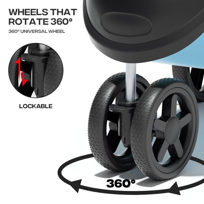 Дитяча коляска для котів та собак, 3 колеса, складний бугі для тварин, 13.6 кг, з кошиком та тримачем для напоїв, м'ятний колір