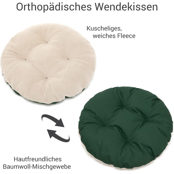 Ліжко для собак Doctor Bark - кругле, м'яке, середнього розміру, з ортопедичною подушкою та іграшкою-кісткою. Можна прати до 95°C. Виготовлено в Німеччині (M - 50x40 см, Зелений/Бежевий)