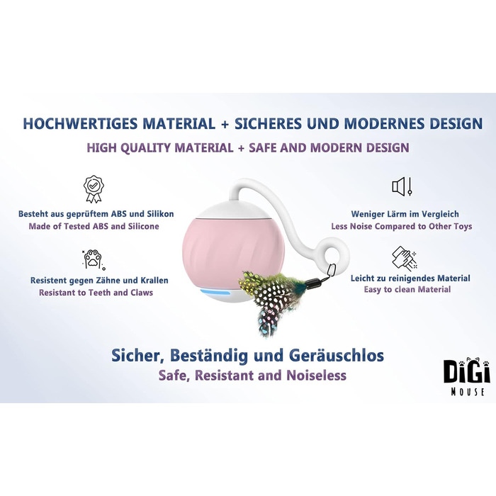DigiMouse інтерактивна іграшка для котів з голосовою активацією, 4 змінними пір'їнами, котячою м'ятою, електричний котячий м'яч, LED-підсвітка, USB-C