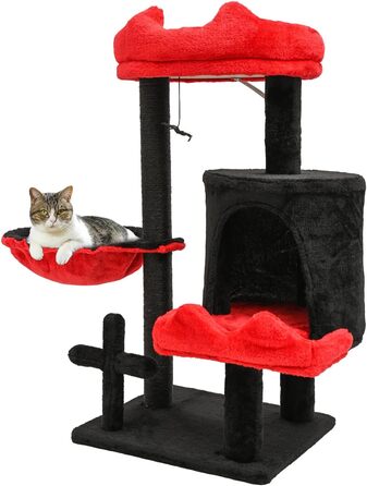 Котячий комплекс Gothic Halloween: стійка кімната з ліжком, будиночком та когтеточками, 84.5 см (Чорний/Червоний)