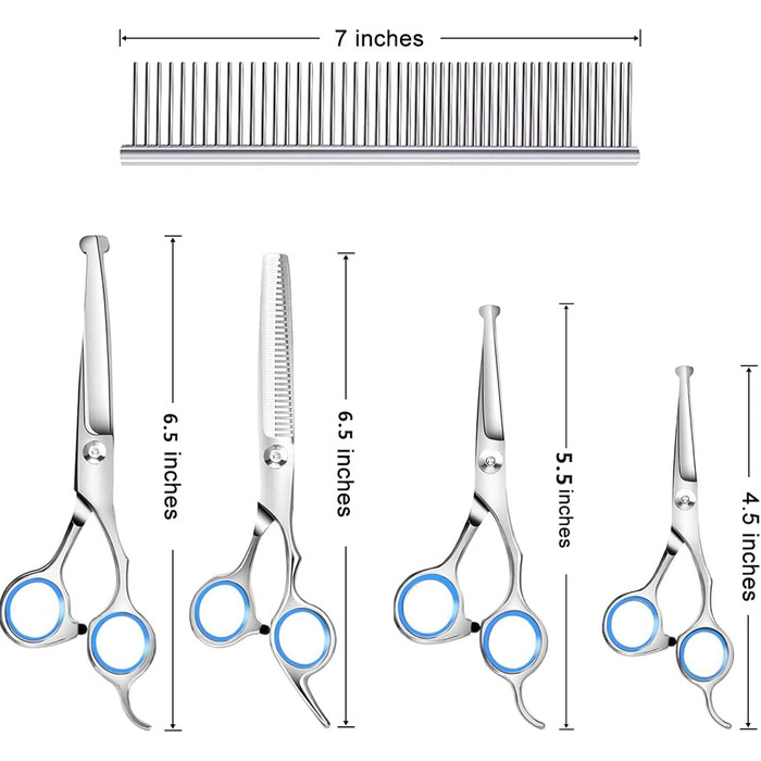 Набір професійних ножиць для грумінгу собак 9CR Edelstahl з безпечними закругленими кінцями. Комплект для стрижки та догляду за шерстю собак, котів та інших тварин. Включає ножиці для вирівнювання та розрідження шерсті, а також гребінець.