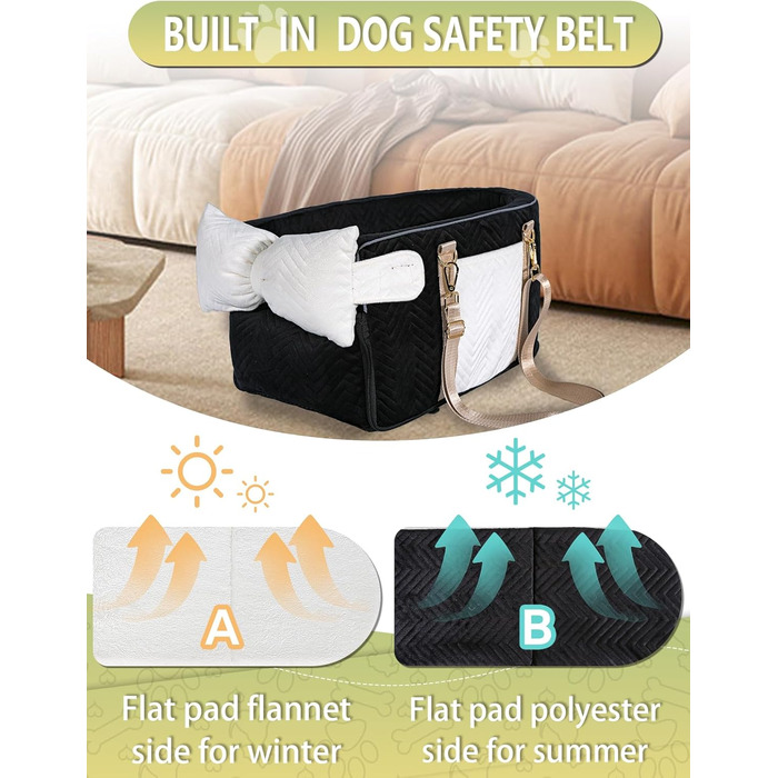 Автокрісло для собак маленьких порід, переносне автокрісло з м'яким, пральним подушками, для консолі авто, чорне (до 5,9 кг)