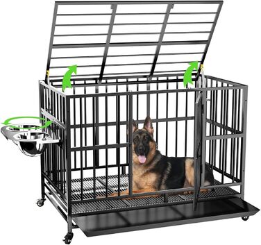LOVMOR XL XXL Клітка для собак на колесах 121,9 см, міцна металева з унікальним амортизатором, 360° поворотна, з регульованими двома мисками та знімним піддоном, велика переноска для великих собак