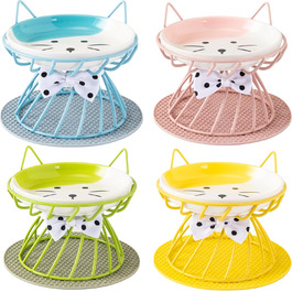Керамічні годівниці для котів набором 4 шт., підняті миски з підставкою, годівниця для домашніх котів, зменшує напругу в шиї, зручні для вусів, для кошенят, котів, цуценят, миється в посудомийній машині, 4 кольори миска+підставка