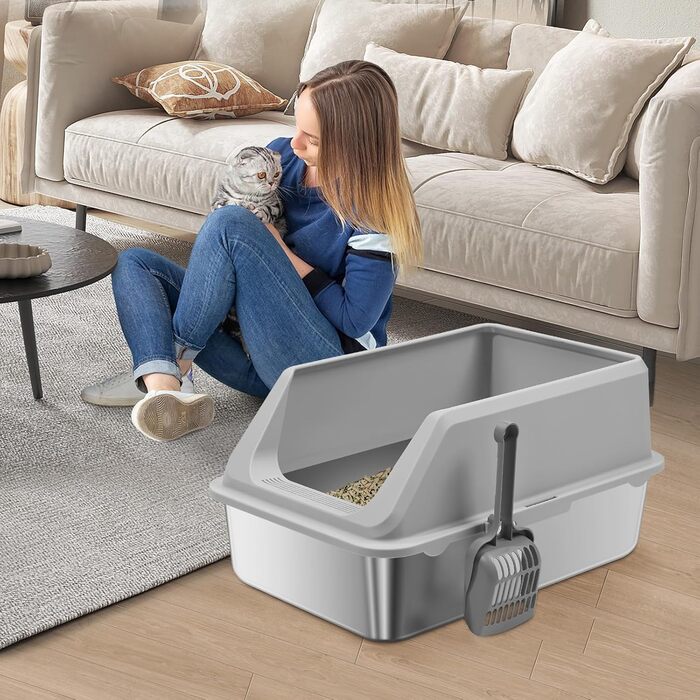 Великий напівзакритий туалет для котів XXL з кришкою Edelstаhl, 60x40x32 см, 30 л, із совком та 4-шаровим килимком, протікозахищений, для котів, кошенят і кроликів, сірий