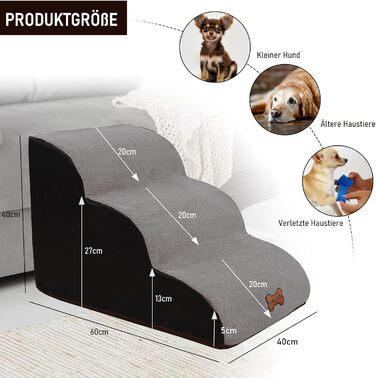 Сходинки для собак Caliyo, 2 сходинки, для маленьких собак та котів, 26 см, знімний чохол, неслизька підставка, для ліжка, дивану, авто (55×40×26см), сірий колір
