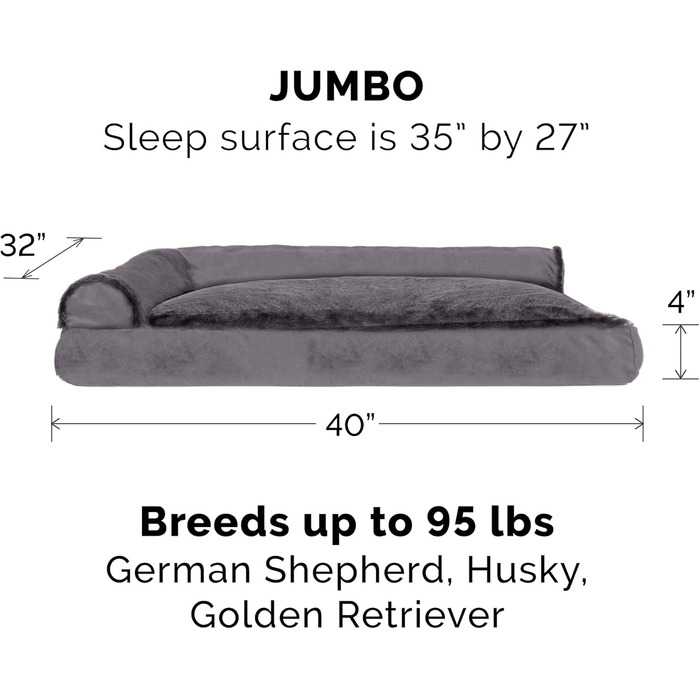Крісло-лежанка для собак великих порід FurHaven з підголовником та знімним чохлом, плюш та оксамит, L-подібне, сірий колір, Jumbo/XL, 102 x 81 x 20 см
