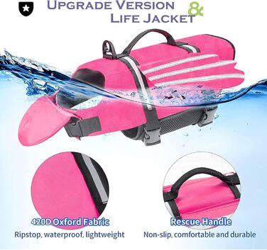 Рятувальний жилет для собак з плавниками, для собак з проблемами підборіддя, легкий та безпечний для водних видів спорту, з ручкою та світловідбиваючими елементами для малих, середніх та великих собак (L, Рожевий)